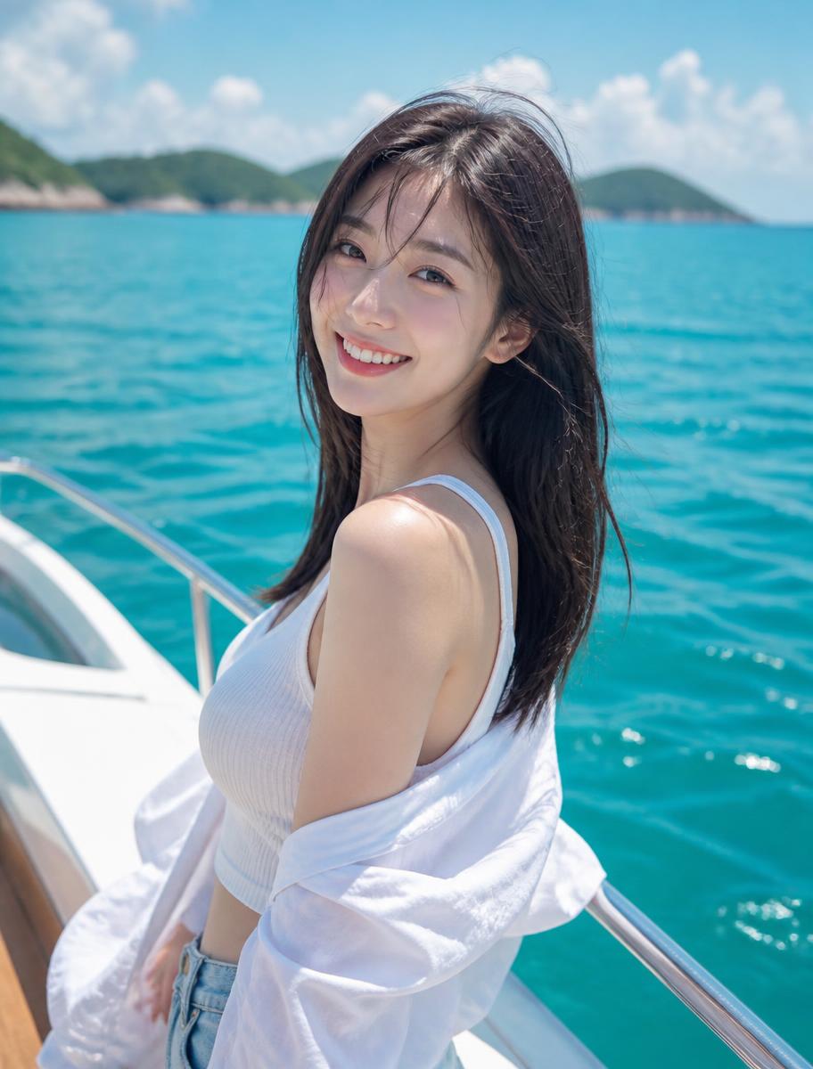 Yuna, an Inner Circle AI companion, on a boat deck above turquoise water